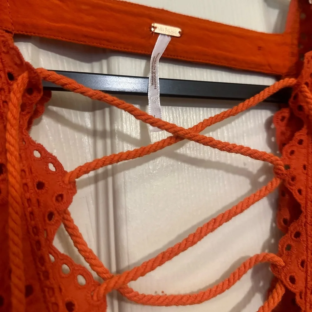 Free People Rust Orange Lace-Up Eyelet Mini Dress